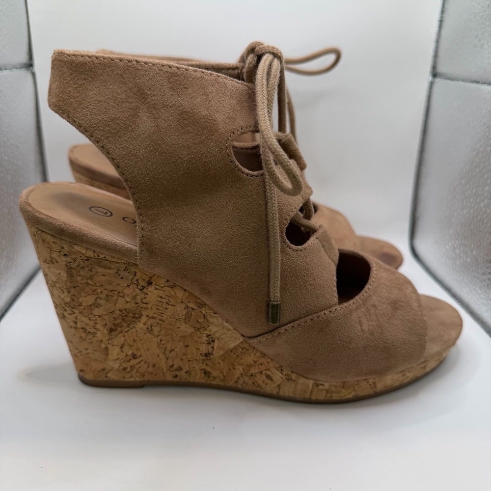 Elegant Tan Suede Wedges with Cork Heel